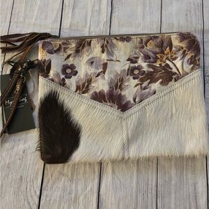 Myra canvas leather hairon  floral zipper pouch / makeup bag cellphone purse NWT